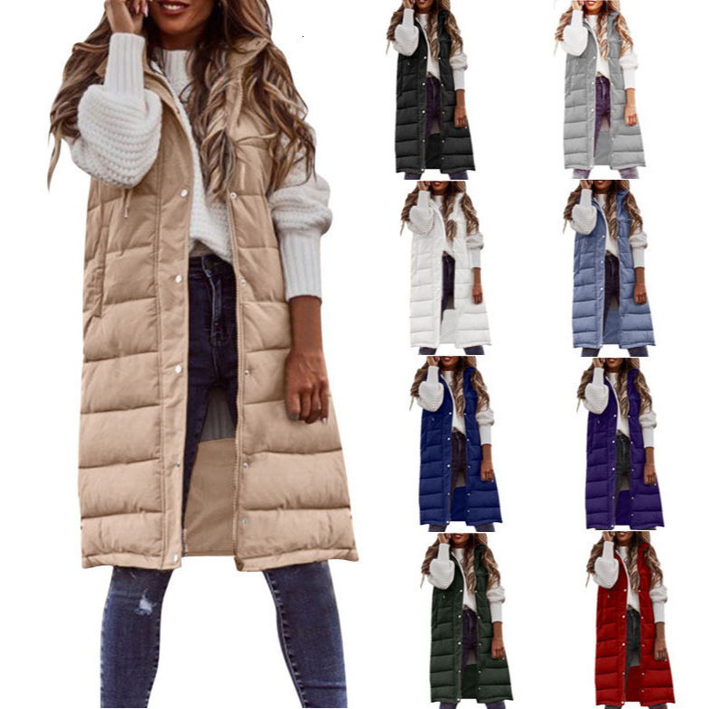 New Fashion Casual Cotton Jacket Solid Color Hooded Slim Vest Elegant Sleeveless Cardigan Mid-Length Coat for Women