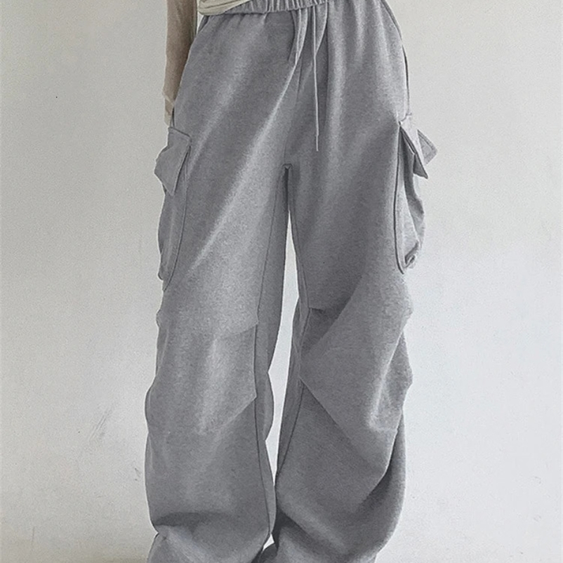 Deeptown Casual Sport Cargo Pants Women Y2k Baggy Pockets Streetwear Sweatpants Joggers Korean Hrajuku Trousers Spring Thin 240530