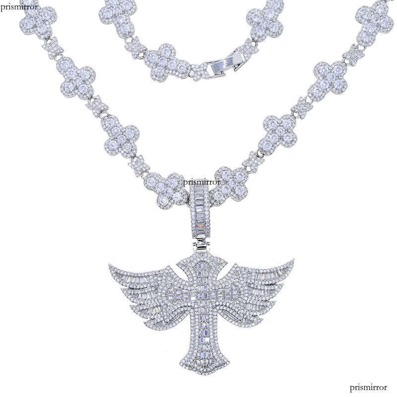 Hip Hop Wing Cross Pendant Necklace with Chain 5A Zircon White Gold Plated Religious Men Jewelry aaa