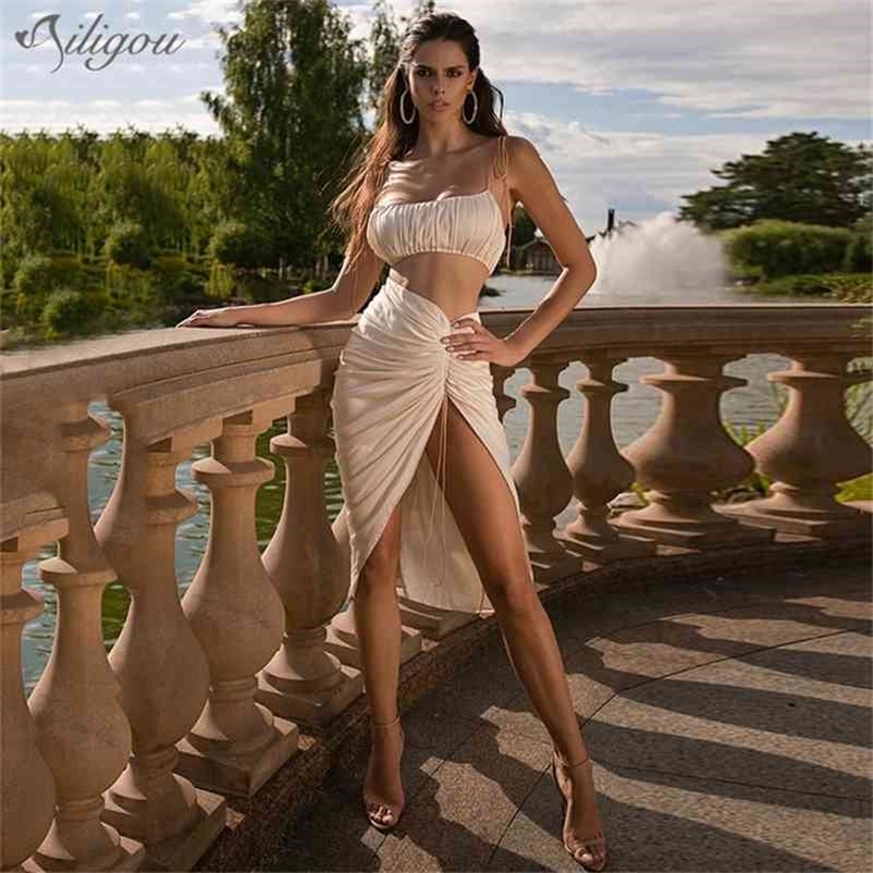 Ailigou Summer Women 2 Two Pieces Sets Sexy Sleeveless Tops & Midi Skirts Draped Evening Club Party Casual Out Wear Set 210708