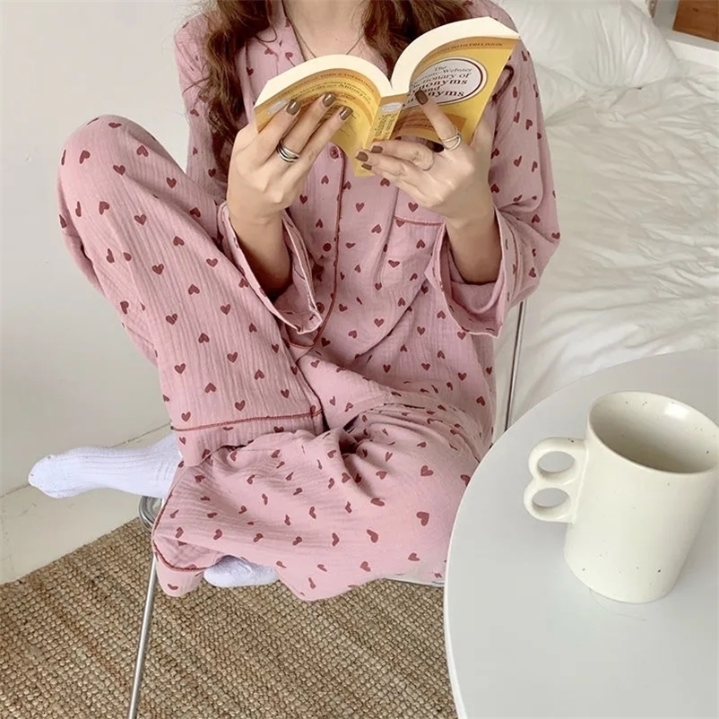 Women's Sleepwear Cotton Sleepwear Korean Pajamas Women Autumn Cute Heart Print Pyjamas Long Sleeve Pijama Female Set Negligee Cardigan Suit 2302