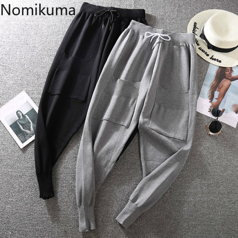 Nomikuma Autumn Korean Double Pockets Knitted Pants Lace Up High Waist Ankel Trousers Causal Women Sweater Pants 6D308 210427