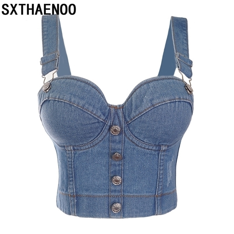 SXTHAENOO Fashion Sexy Denim Jeans Women's Button Bustier Bra Night Club Party Cropped Top Vest Plus Size 210625