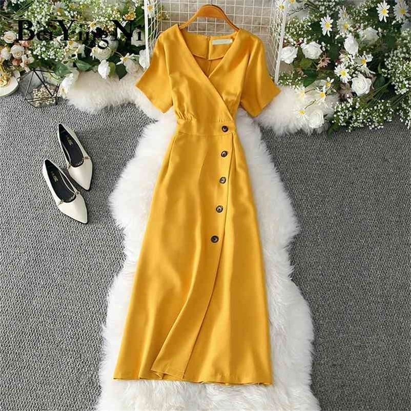 Beiyingni Office Ladies Dress Elegant Buttons Casual Slim Vintage Romance Party Women Dress Red Pink Yellow Vestidos Mujer 210630