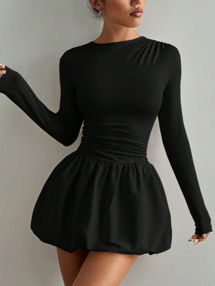 H1302 Spring and summer new temperament slim long sleeve dress elastic tutu skirt women