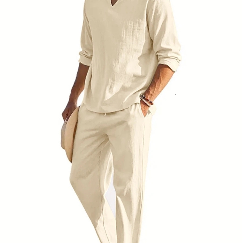 Spring and autumn explosive mens Solid color V-neck shirt and pants trend casual sports fashion suit 241217