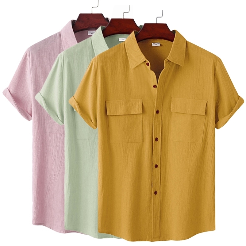 Men's Casual Shirts Men's Cotton Linen Summer Short Sleeve Solid Breathable Hawaiian Beach Men's Shirt Men's Casual Shirt 230412
