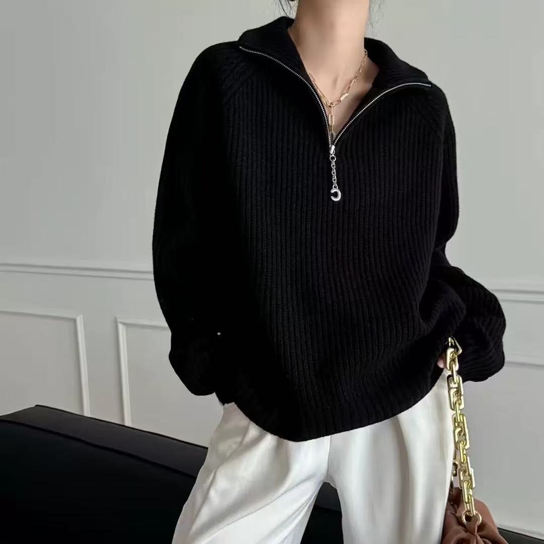 Autumn Winter New Loose Thick Fashion Design Turn-Down Collar Zipper Solid Color Knitted Sweater Women Pullover