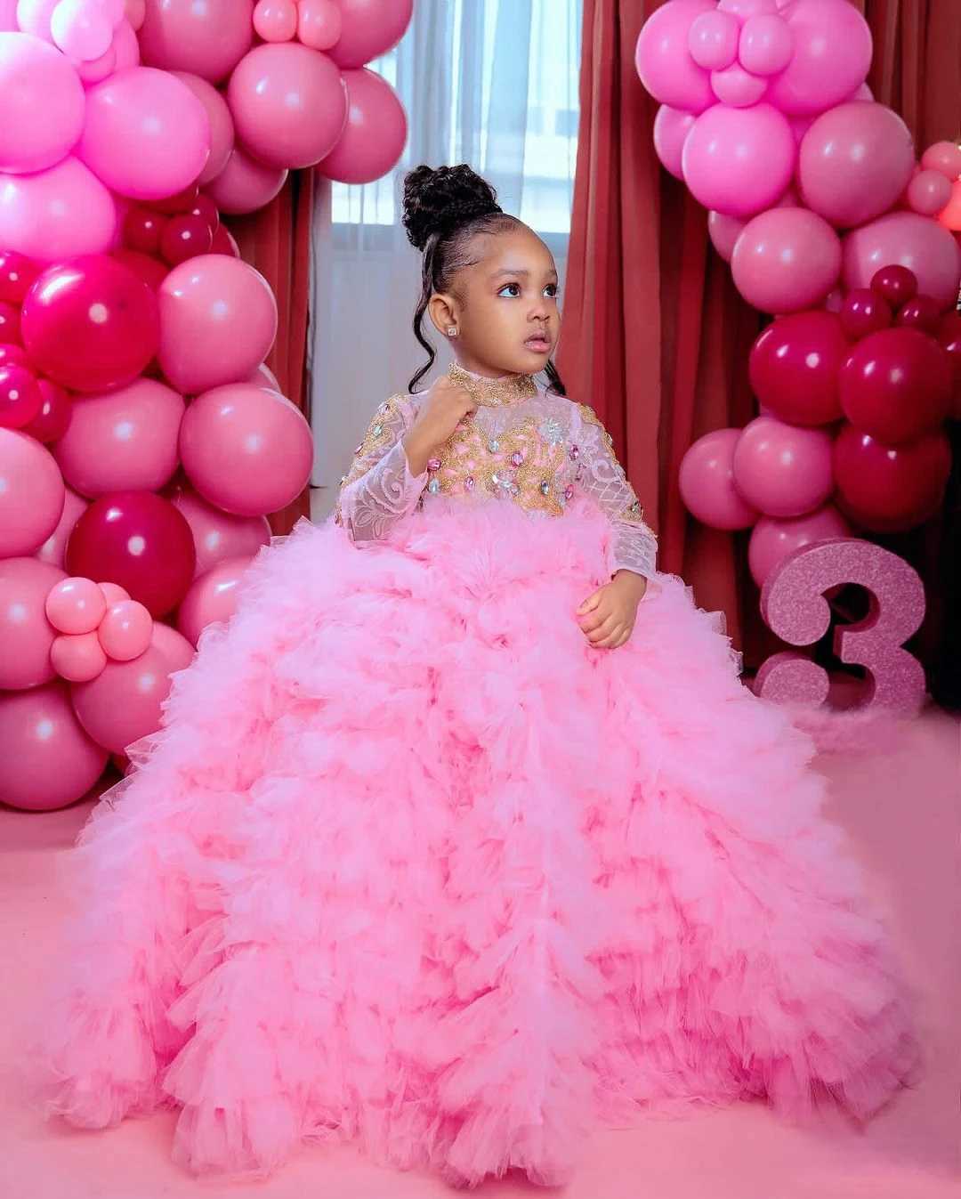 Layered Flower Girl Dress Elegant Tulle Gem Sequin Long Sleeve Fluffy Princess Kids Birthday Gift Ball First Communion Gowns W250925