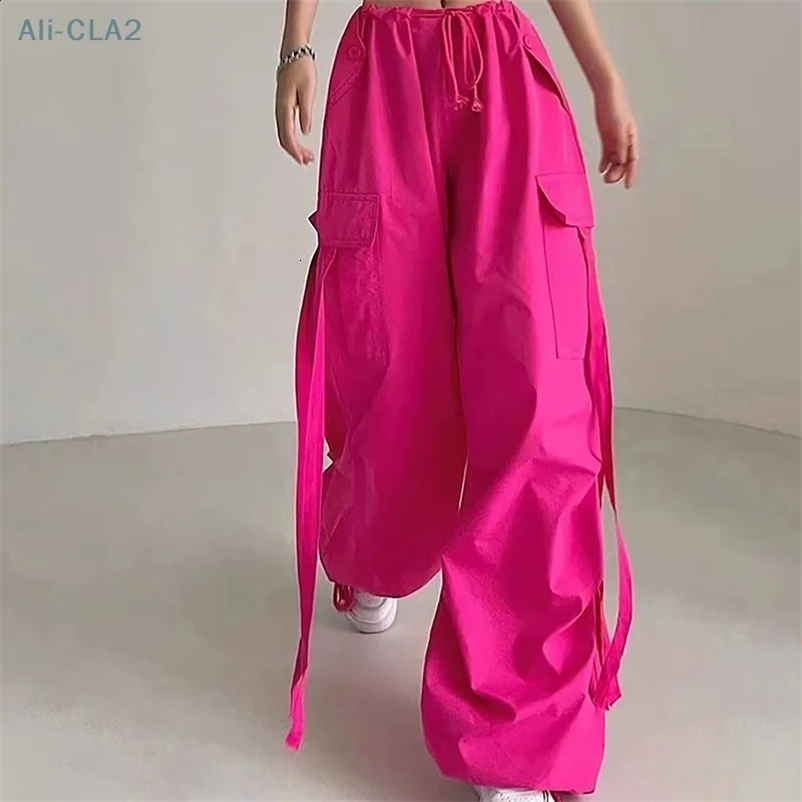 Retro pocket cargo pants brushed high waisted streetwear Harajuku bag wide leg Trouser womens Y2k Korean fashion bottom 241203