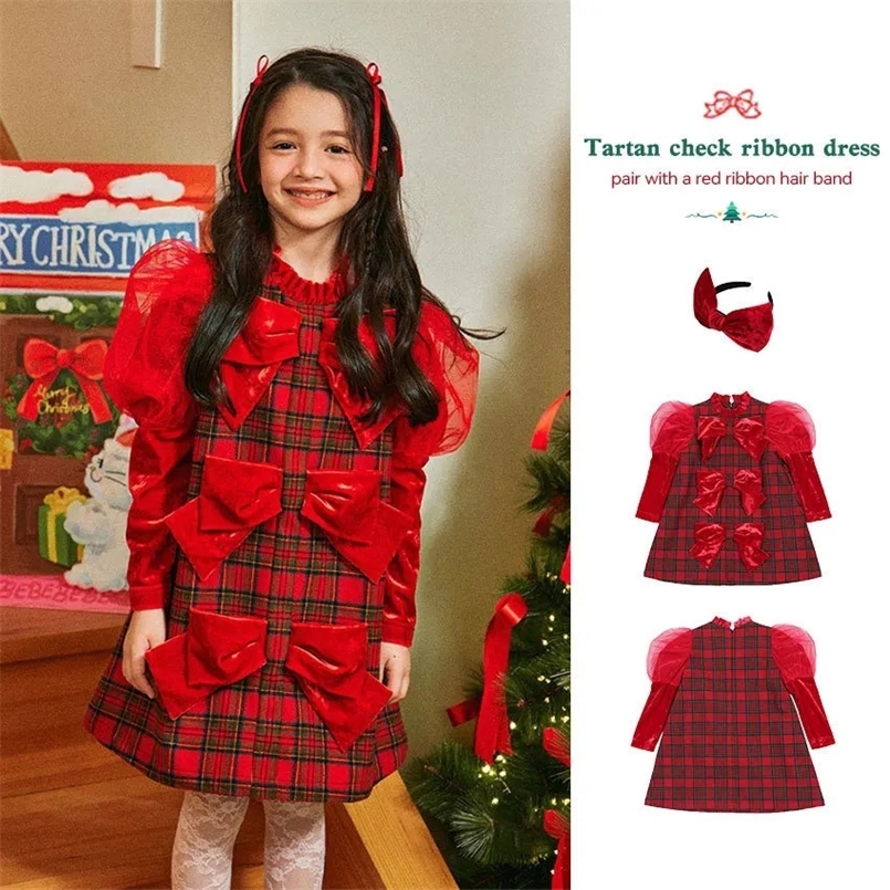 Korean Girls Kids Dress For Autumn Winter Christmas Plaid Bow Princess Party Dress Skirts Childrens Clothing Presale 241111
