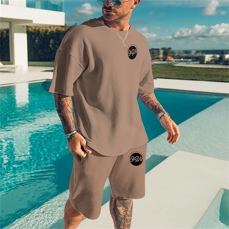 Men's Tracksuits Summer Solid Color 2 Piece Sets Tracksuit Men Oversized Clothes Retro Beach Style 3D Printed t shirts Men Suit Tshirt Shorts 221