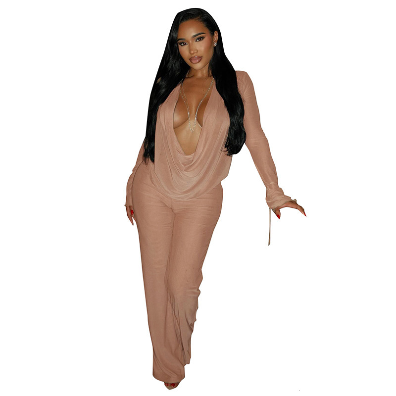 2023 J25ST273 Women's Fashion Sexy Mesh Swing Collar Tie Sleeve Top Slim Fit Long Pants Set