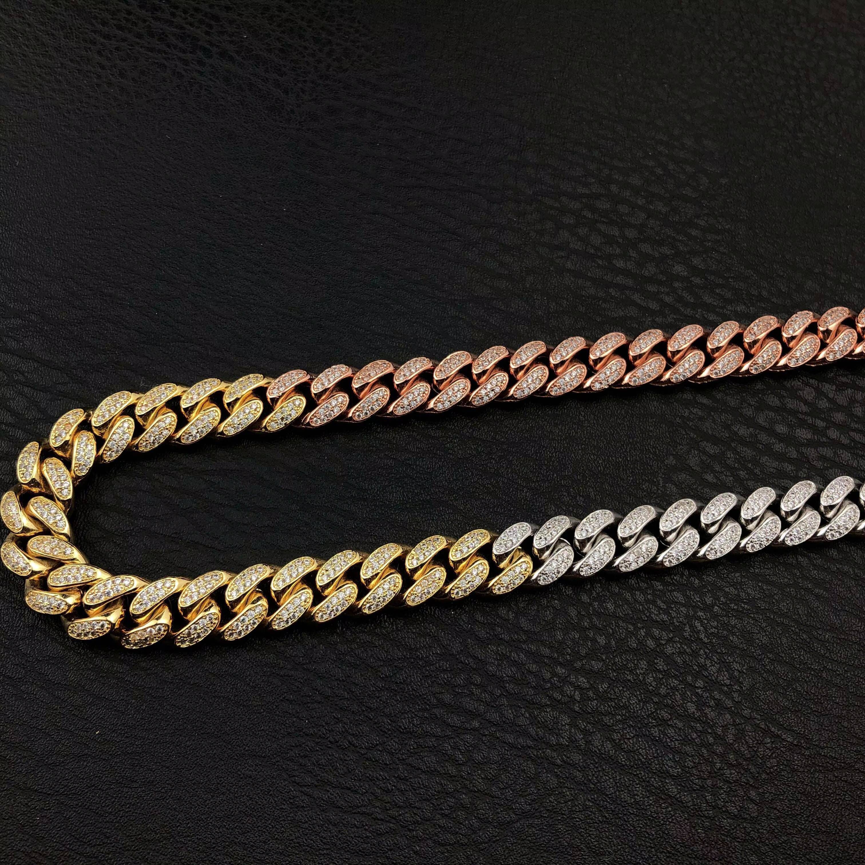 12mm Hip Hop Ice Out Big Box Buckle Cuban Chain Copper Moissanite Necklace in Yellow Gold and White Gold