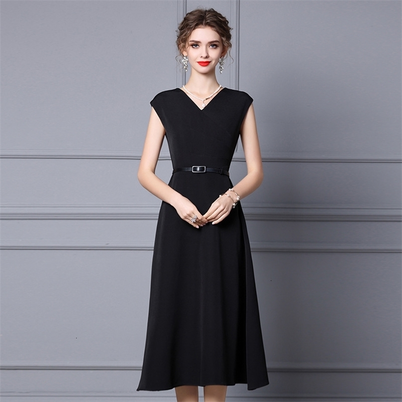 Casual Dresses Black Fashion Elegant Dress Women's Summer Hepburn Style Sleeveless Belt Long V-neck A-Line Dress 230408