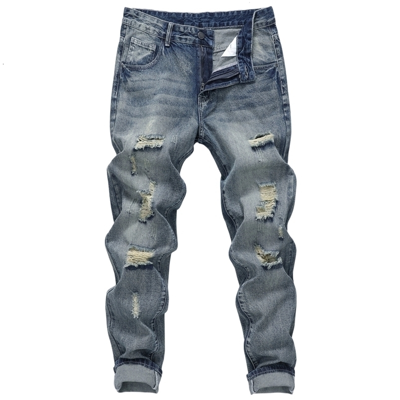 Mens Straight Non-Stretch Cotton Causal Fashion Slashed and Ripped Denim Pants Jeans 240319