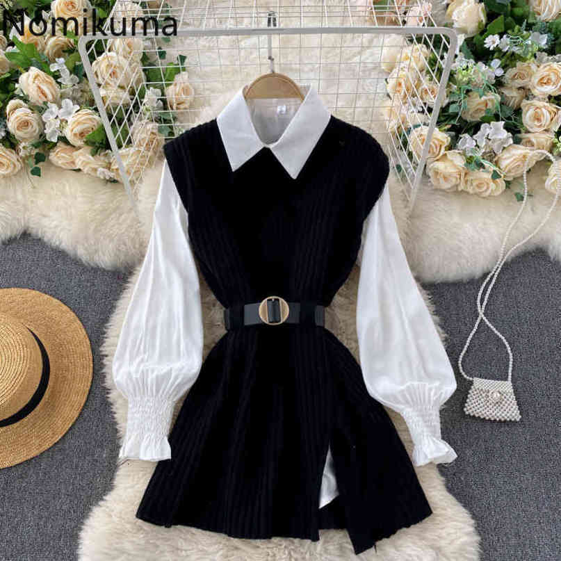 Nomikuma Women Elegant 2piece Suits Long Sleeve Causal Blouse Shirt + Belt Slim Waist O-neck Sweater Knitted Vest Sets 6D773 210427