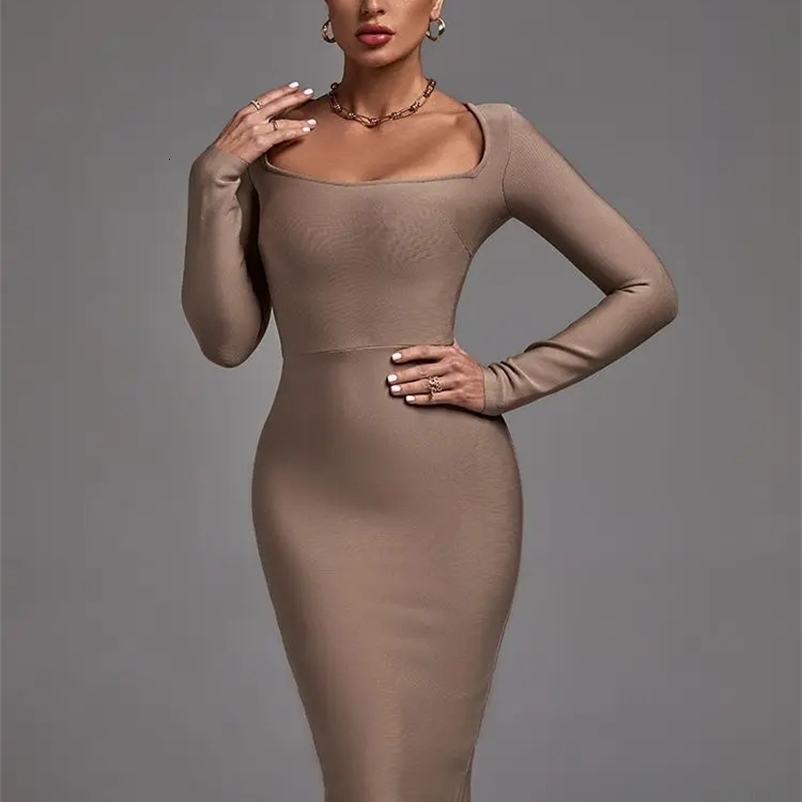 Khaki Long Sleeve Bandage Dress Women Bandage Dress Bodycon High Quality Elegant Sexy Evening Club Party Dress 240126