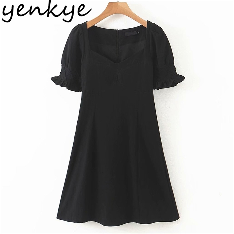 YENKYE Fashion Women Vintage Black Dress Female Sexy V Neck Short Sleeve A-line Mini Elegant Lady Dresses Summer Robe 210515