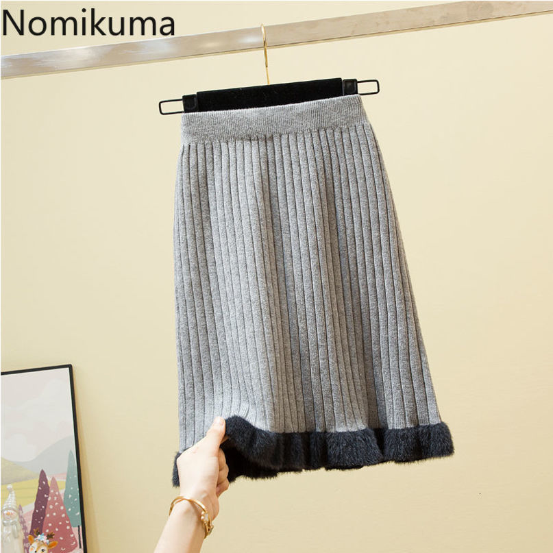 Nomikuma Knitted Women Skirt Korean Contract Color Patchwork A-line Mini Sweater Skirts Autumn Winter Faldas Mujer 6C721 210427