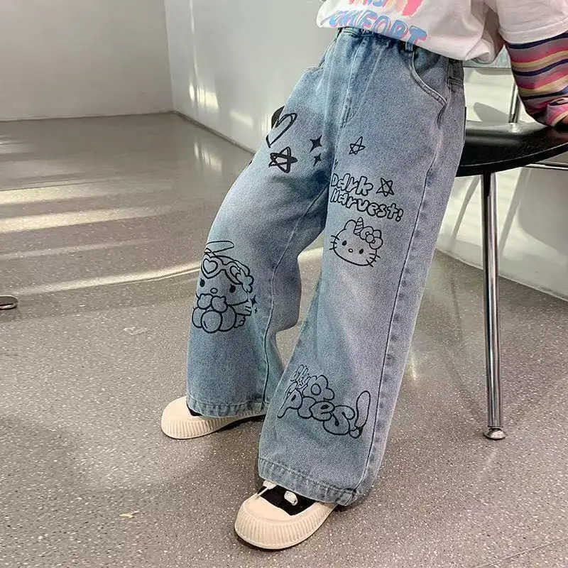 Sanrio Hello Kitty Jeans Straight Pants WideLeg Girl Children Spring Fall Kawaii Anime Cartoon Fashion New Hot Casual Clothing L250925