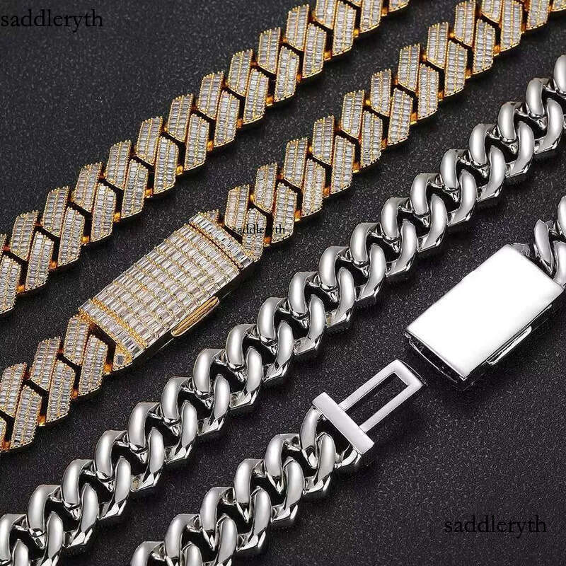 Hip Hop Jewelry Necklace Iced Out CZ Cubic Zirconia 20mm Baguette Miami Cuban Chain in Gold