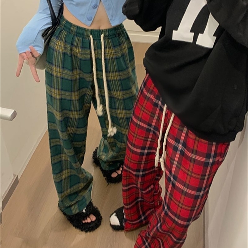 Women's Pants Capris QWEEK Korean Fashion Red Plaid Pants Women Y2K Vintage Green Oversized Wide Leg Checkered Trousers Harajuku Jogging Sweatpan