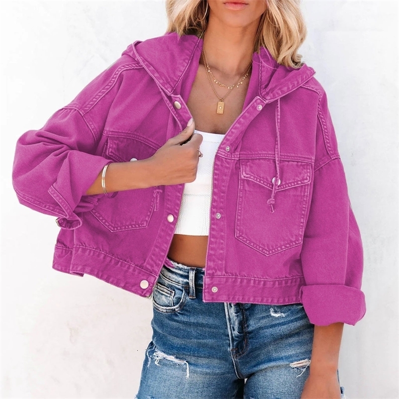 Women's Jackets Casual Solid Hooded Denim Jacket Women Turndown Neck Long Sleeve Front Pocket Jackets Retro Button Jeans Coat Female Streetwear 2