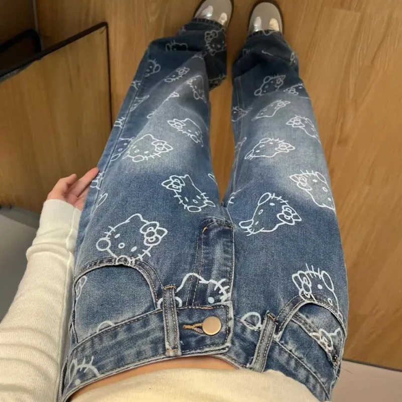 Sanrio Kawaii Hello Kittys Printed Jeans for Women Fashion High Waist Wide Leg Pant Cartoon Denim Pant Y2K Casual Trousers for Teenager L250925