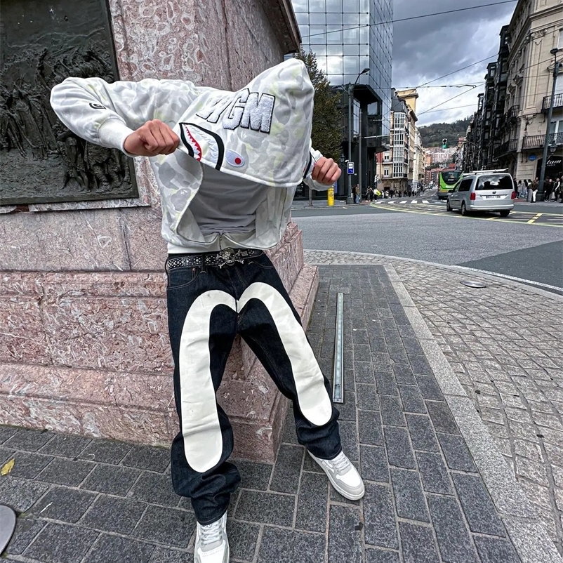 Streetwear JeansY2K Mens Hip Hop Retro Graphic Print Baggy Jeans Black Pants Harajuku Gothic High Waisted Wide Leg Trousers 240716