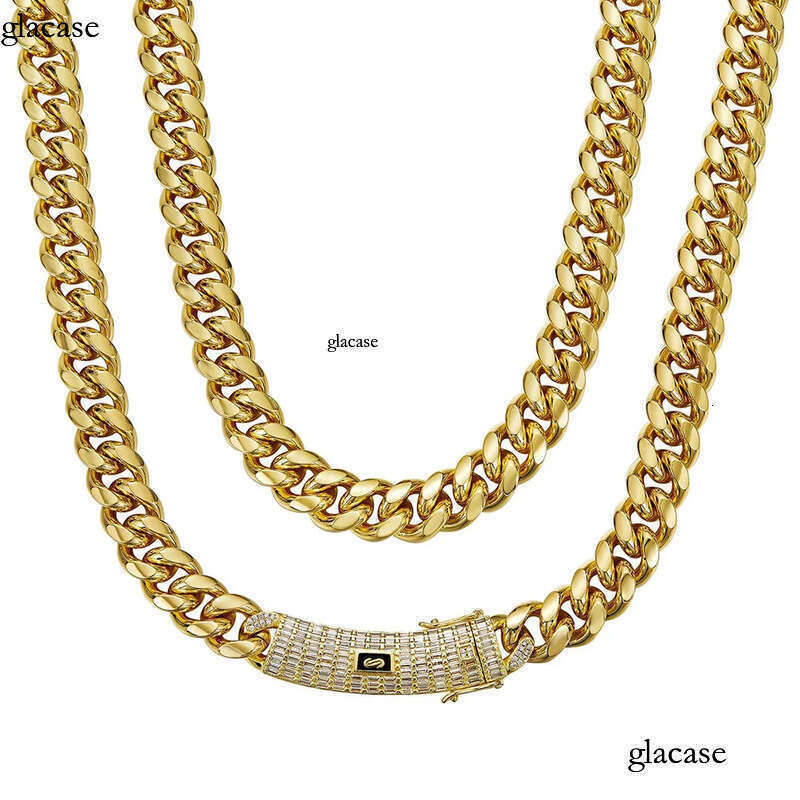 6-14mm Solid Stainless Steel Miami Cuban Chain Necklace Bracelets T Zircon Long Clasp 14K Gold Plated Jewelry