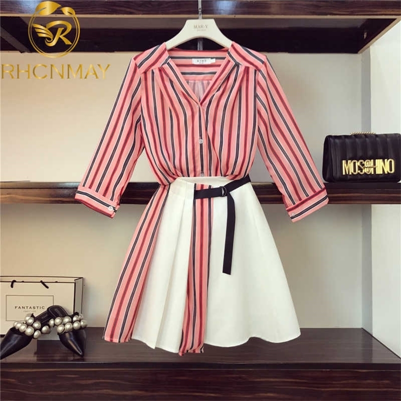 Women 2 Piece Set Summer Striped Chiffon shirt Tops + High Waist Button Mini Skirts Set 210708
