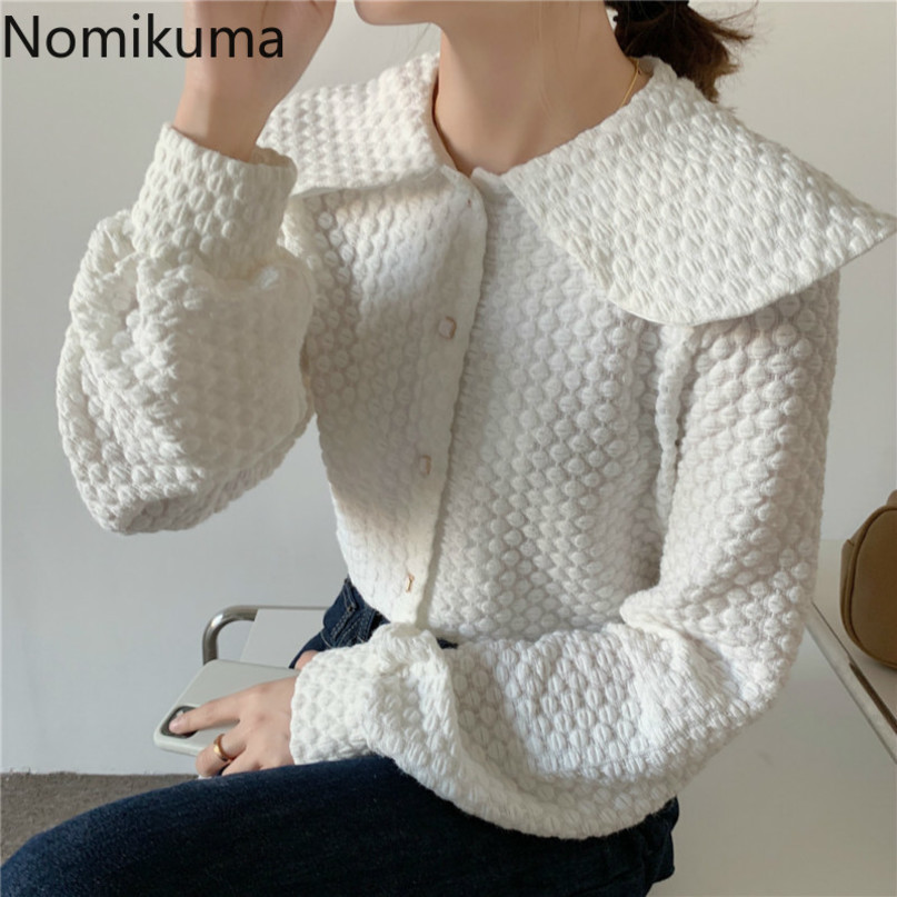 Nomikuma Sweet Peter Pan Collar Women Blouse Korean Autumn Winter Thick Top Blusas New Causal Femme Shirts Mujer 6D709 210427