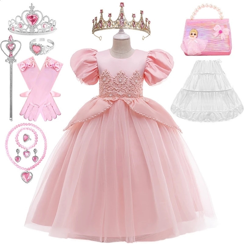 Elegant Girl Lace Flower Princess Beaded Long Dresses Christmas Childrens Puff Sleeve Wedding Graduation Ceremony Pageant Dress 250305