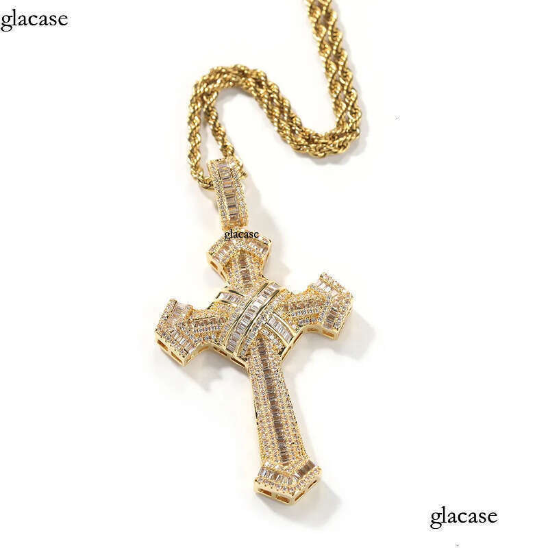 Hip Hop Cross Pendants Necklace Platinum Plated Men Women Lover Gift Religious Jewelry with Leather Rope Chain