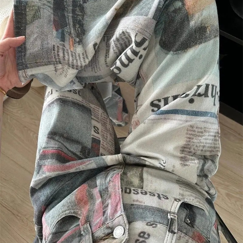 American style high street personalized printed spaper jeans for men and women summer straight tube loose wide leg pants y2k 240911