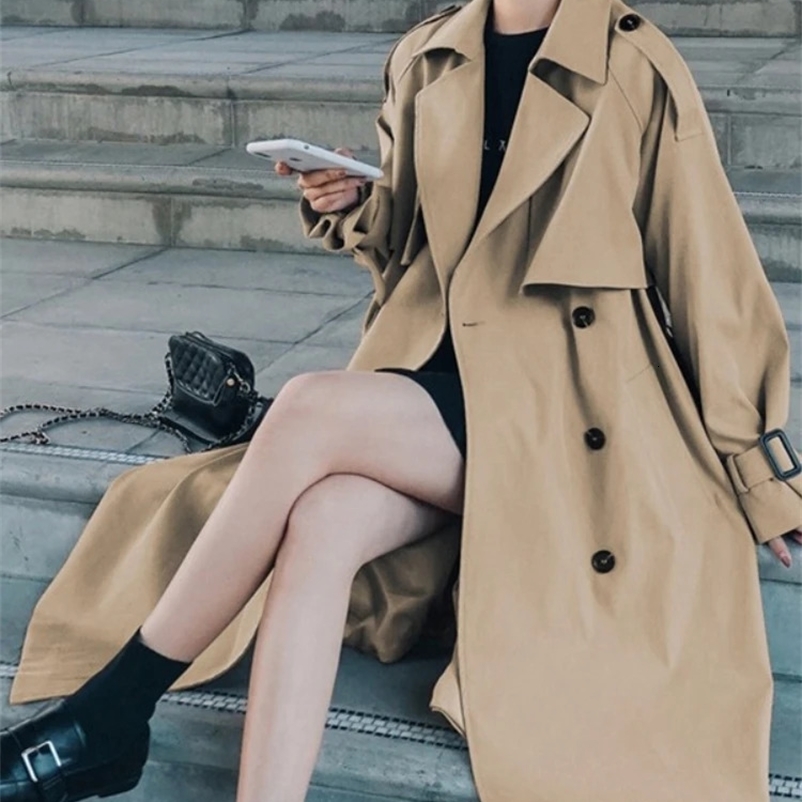 Spring and autumn khaki trench coat suitable for elegant women Korean loose coat casual streetwear windproof 250118