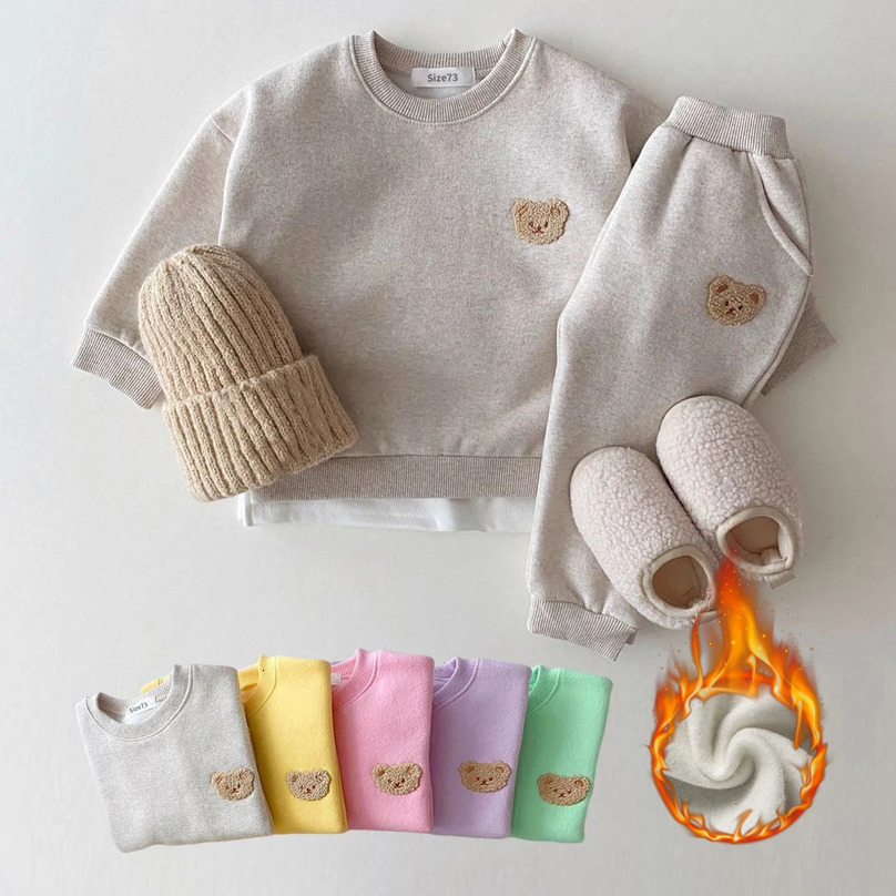 Korean Baby Boys Winter Clothes Sets Warm Bear Velvet Fleece Lined Pullover Sweatshirt TopsHarem Pants 2pcs Girl Sports Outfits 250224
