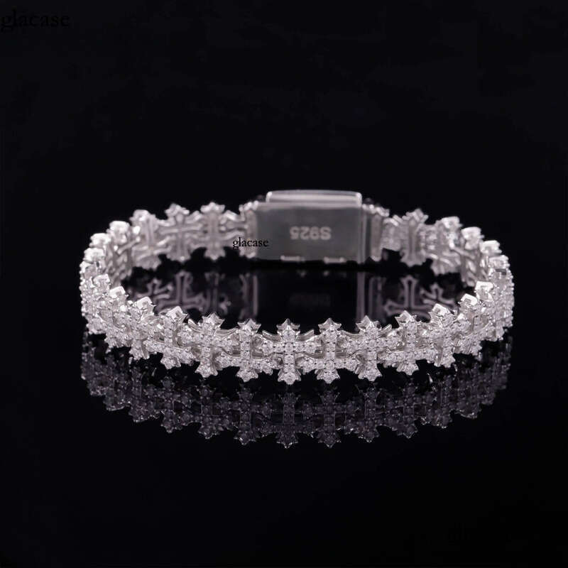 New Design Sterling Sier Gold Plated Link Bracelets Iced Out Vvs Moissanite Full Dia Cross Chain Bracelet