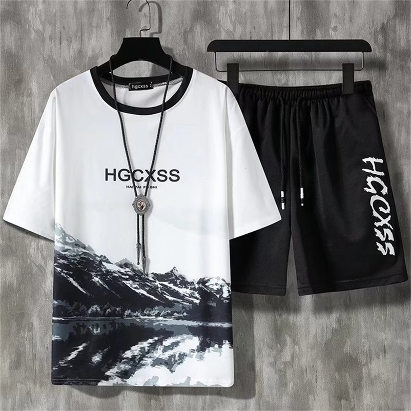 Men's Tracksuits Summer Tracksuit Men Fashion Harajuku Print Short Sleeve 2 Piece Set Casual Mens Outfit Set Breathable TShirt and Sweatpants Set