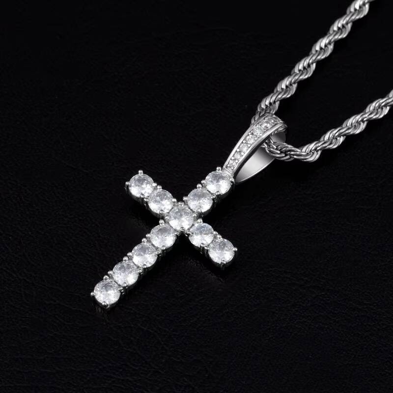 JWY 925 Sterling Silver Cross Pendant Necklace Fashion Jewelry with Moissanite for Childrens Hip Hop Iced Out Style
