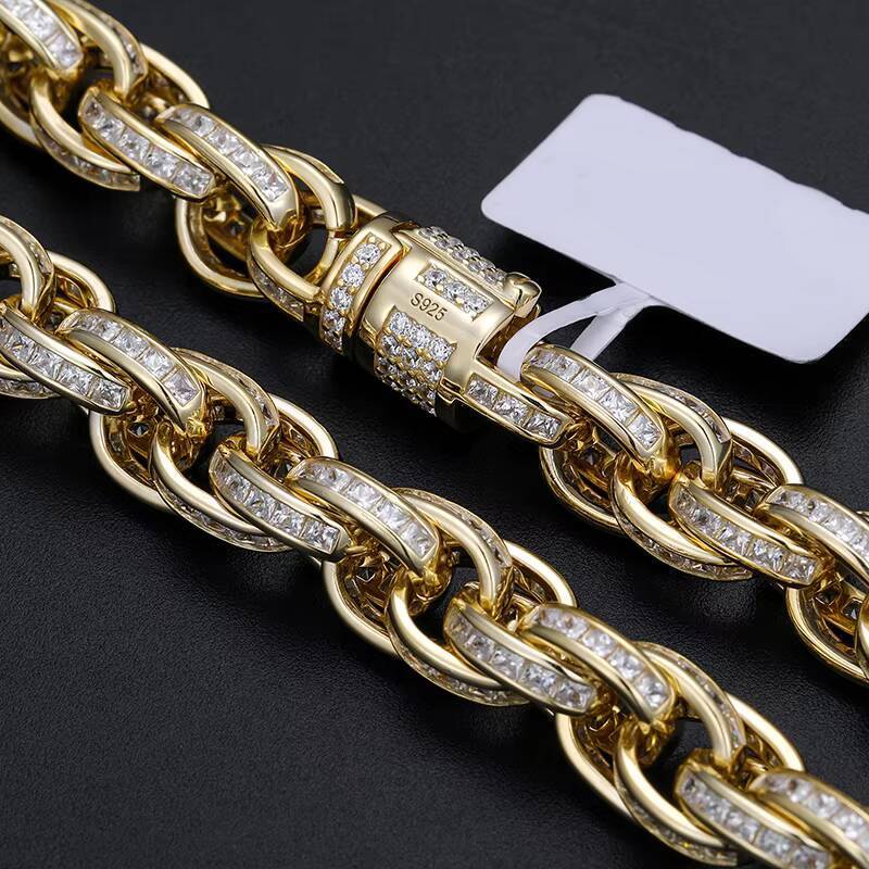 New Design Bling Rapper Jewelry Hip Hop Men 10mm 925 Sterling Silver VVS Baguette Moissanite Diamond Iced Out Twist Rope Chain