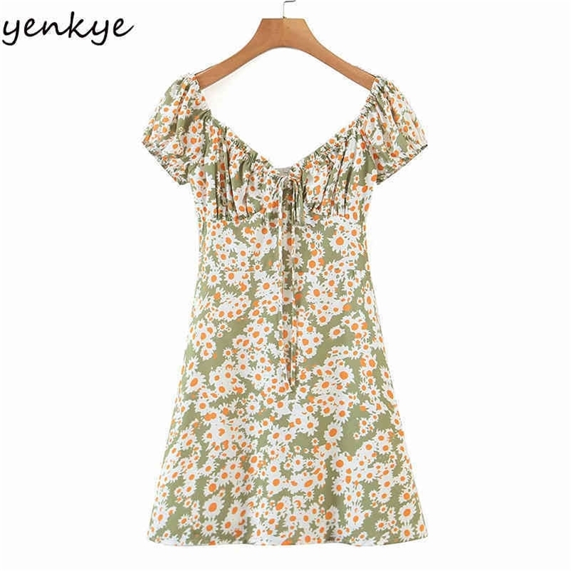Sweet Summer Dress Women Vintage Floral Print kobieta sukienka Sexy Square Neck Short Sleeve A-line Mini Dress 210515