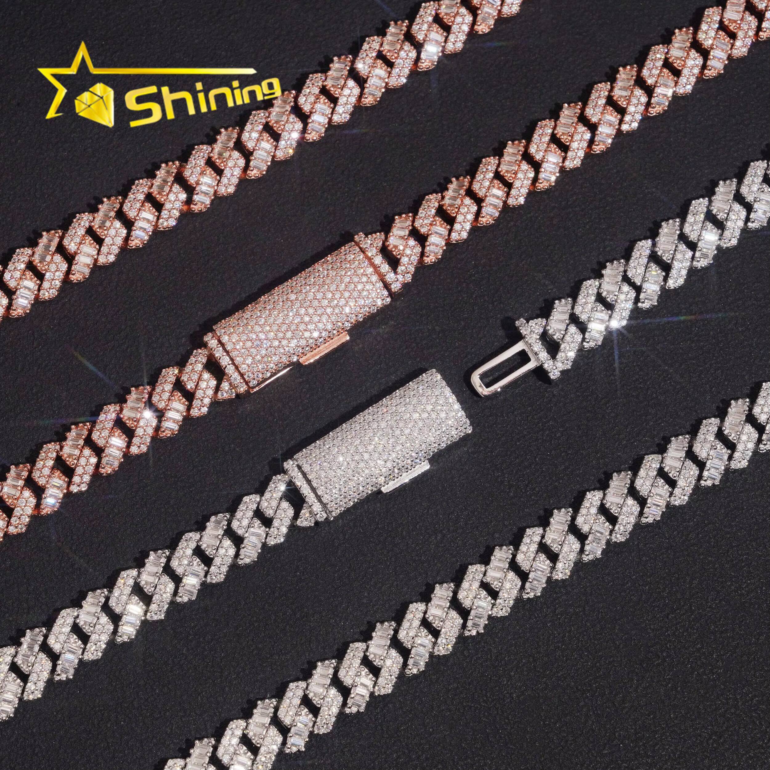 Baguette Mixed Round 8mm Iced Out VVS Moissanite Pass Diamond Test Cuban Link Chain Hip Hop Mens 925 Sterling Silver Necklace