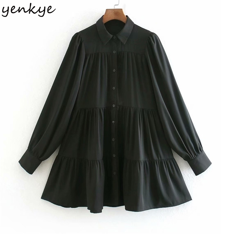 YENKYE Vintage Solid Color Casual Dress Women Lapel Collar Long Sleeve Loose Mini Winter Dress Female Plus Size Short Vestido 210515