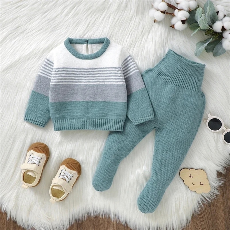 born Baby Clothes Set Knitted Autumn Infant Boy Sweater Pullover Long Sleeve Pants Kid Sweater Trousers 2PC Fashion Striped 240913