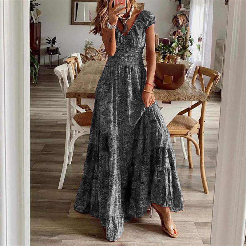 2024 New Bohemian Style Waist-Cinching Long Dress with Printed Flared Hem for Women