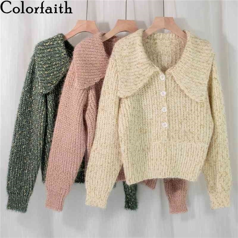 Colorfaith New Autumn Winter Women's Knitwear Turn-down Collar Buttons Sweater Korean Vintage Knitted Lady Tops SW1175JX 210413