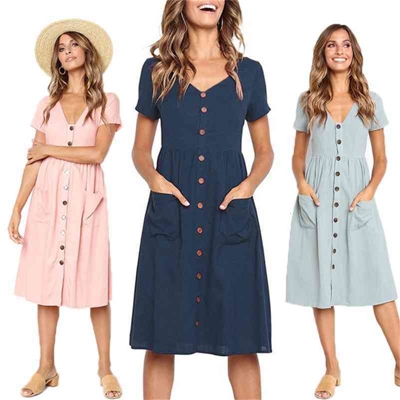 Red Blue A Line Casual Dresses Women Summer Dress Vintage Short Sleeve Dress For Ladies Buttons V Neck Midi Vestidos Female 210630