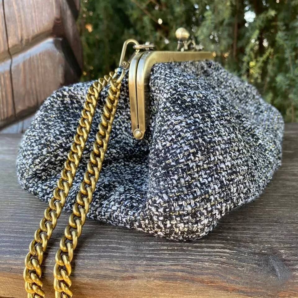 Lost in Vintage Grace Tweed Kisslock Hand Bag Shoulder Bags Frame Clutch Detachable Chain 32x17 x5cm